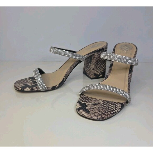 VINCE CAMUTO 8.5 Magaly Sandal Snakeskin Block Heels Rhinestone Double Strap NWT - Picture 1 of 8